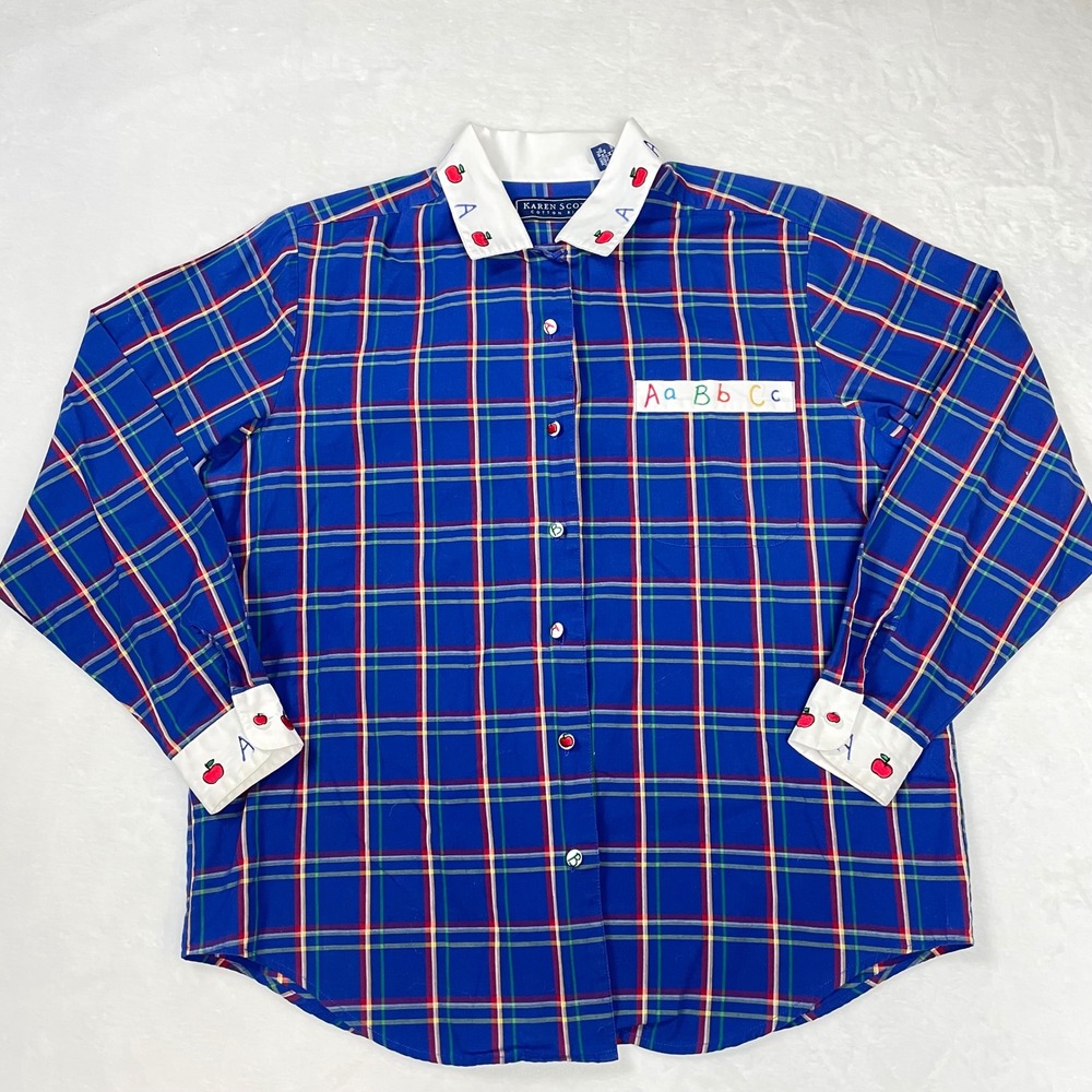 Karen Scott Button Up Cotton Women M Blue Good Vintage Plaid School Teacher